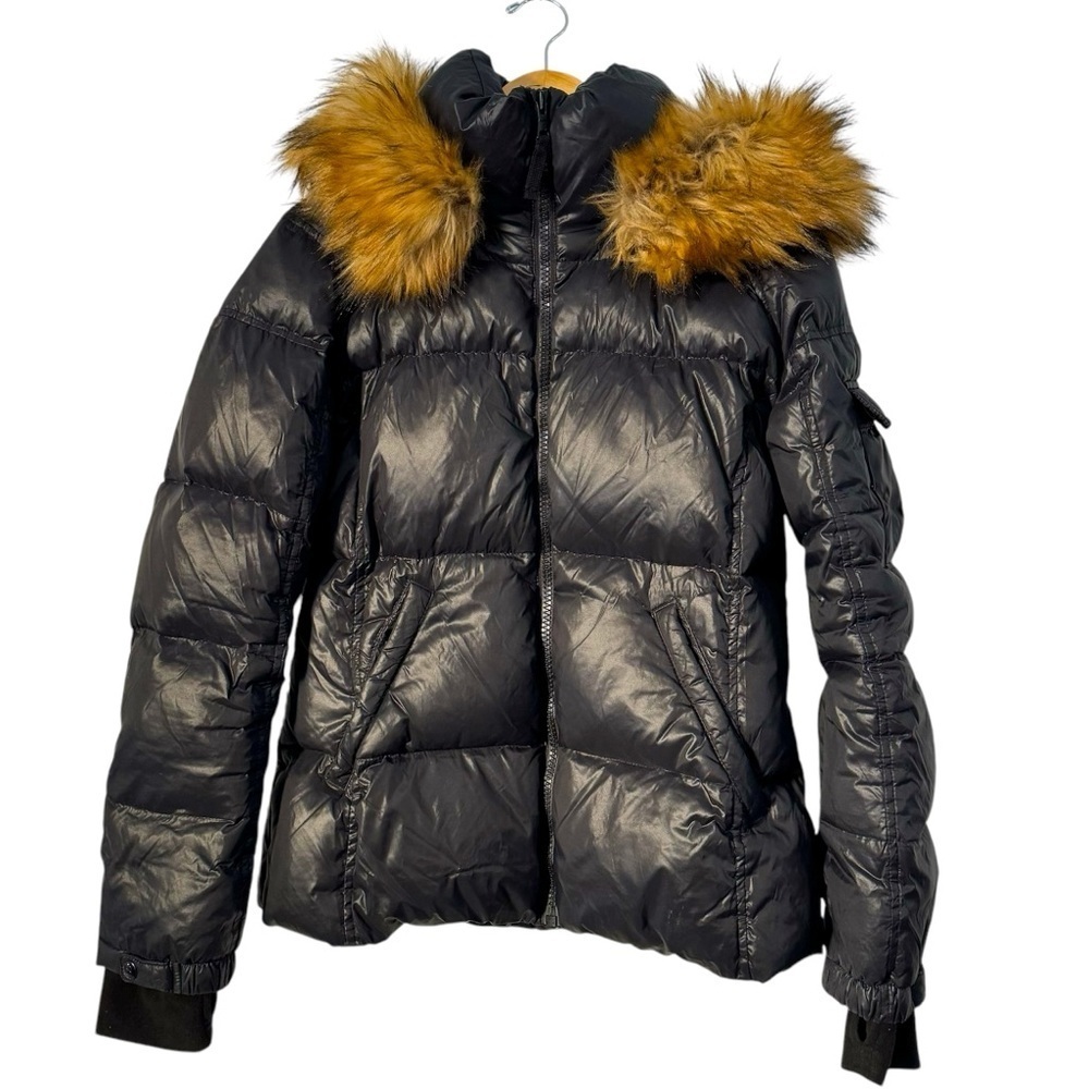 S13 Black‎ Down Puffer Jacket Faux Fur Trim Winter Warm Cozy Hooded Womens Large